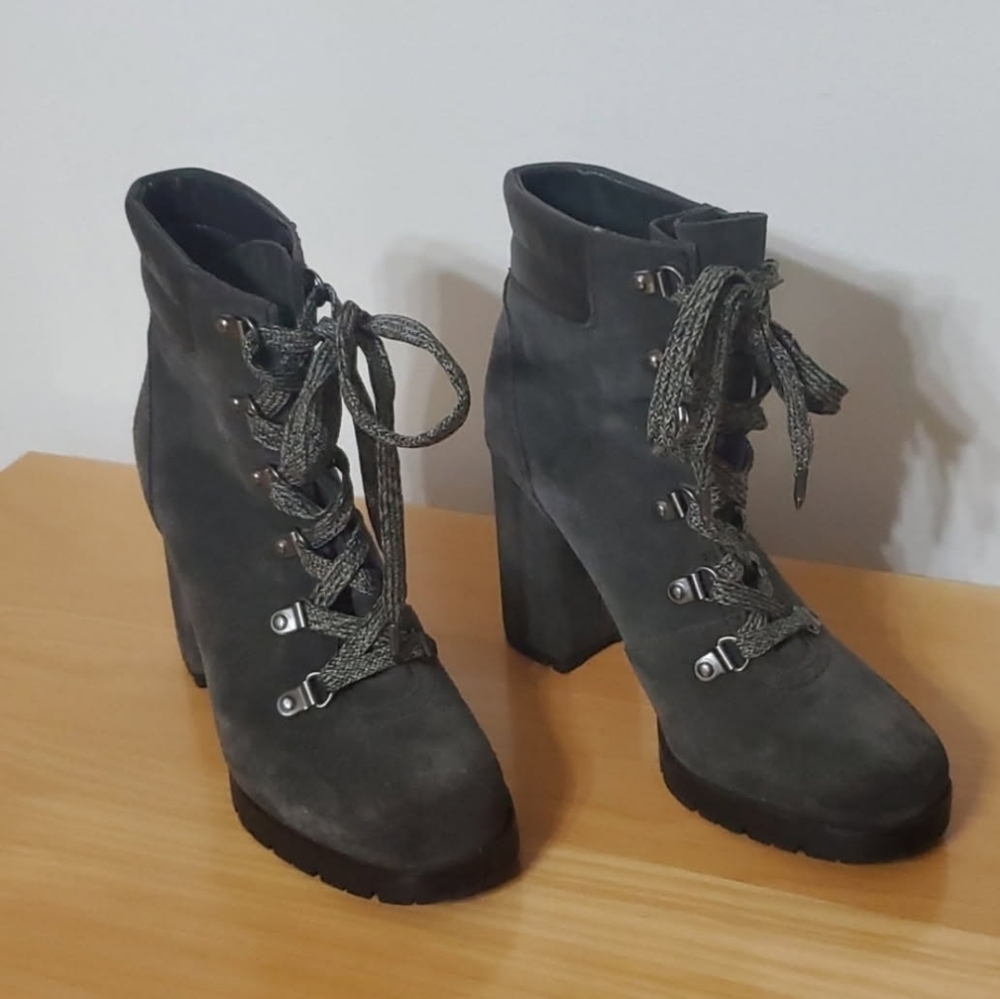 Sam Edelman Carolena Gray Suede Chunky Heel Women's Lace-Up Boots Size 6.5